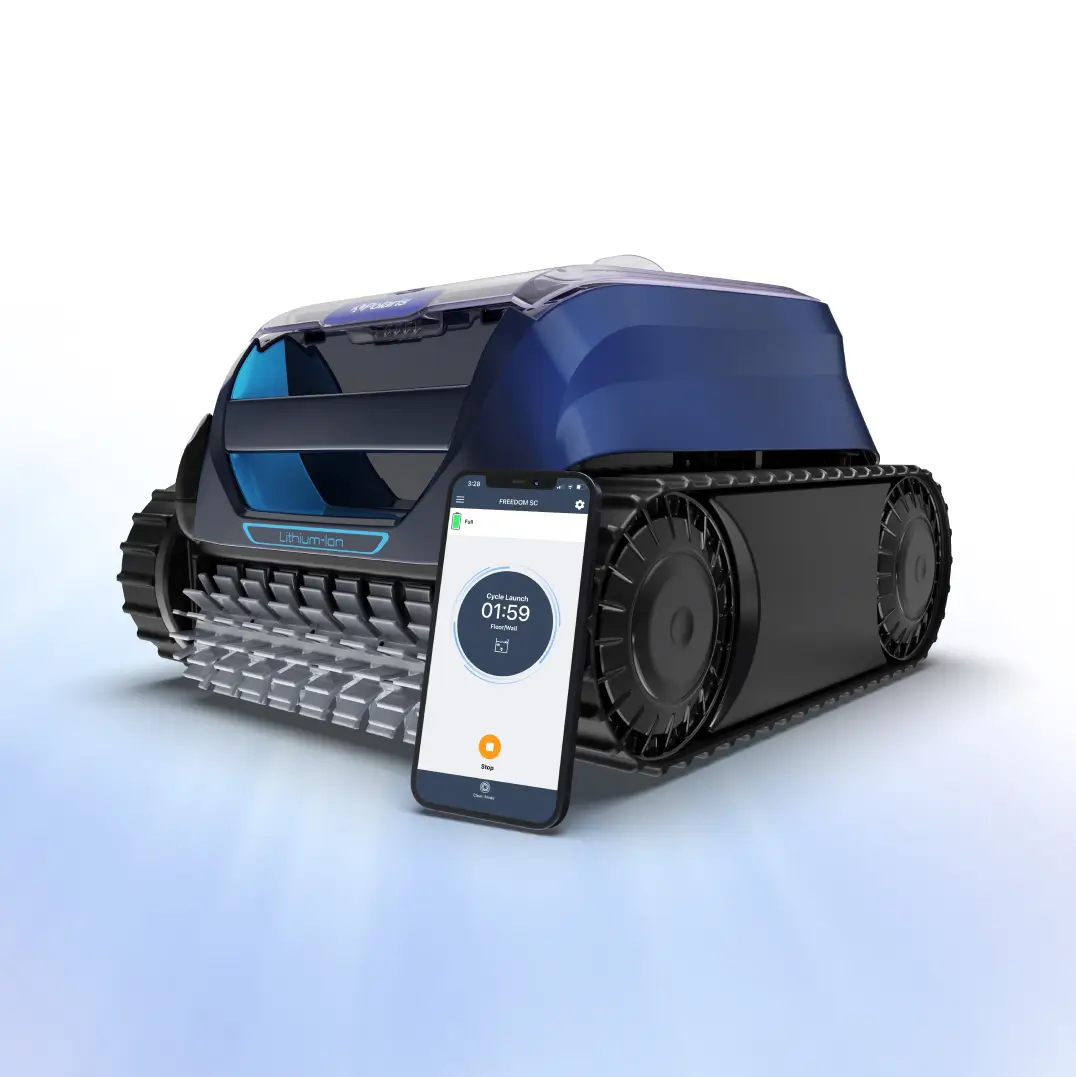 A blue Polaris robotic pool cleaner with tank tracks sits next to a smartphone. The phone's screen displays a control app with a "Cycle Launch" timer, highlighting the product's smart connectivity features.