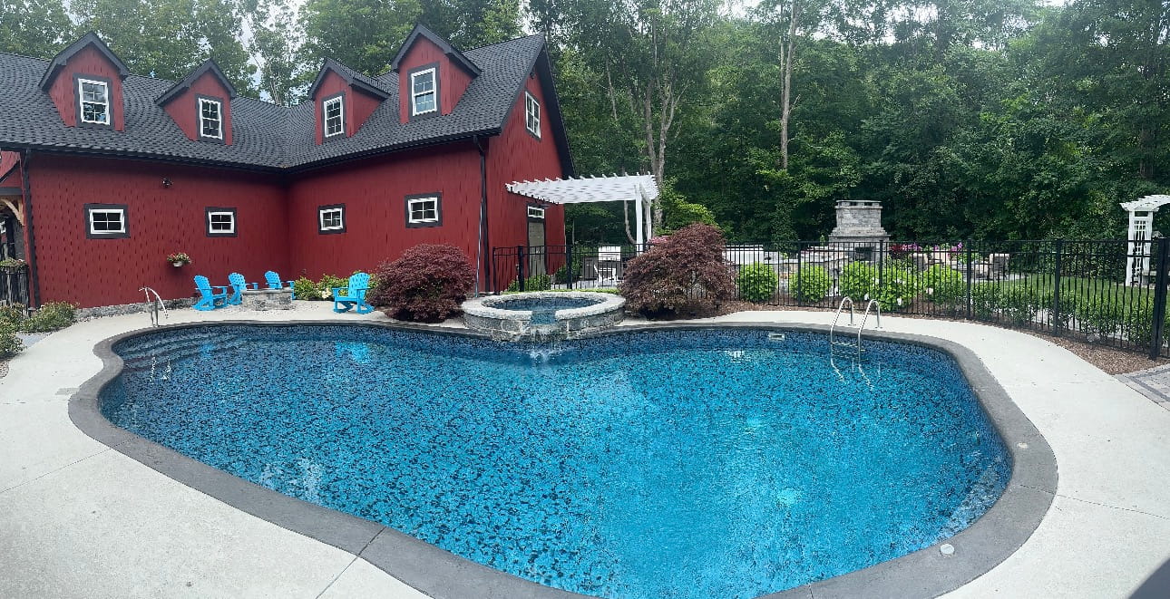 Red barn house with pool