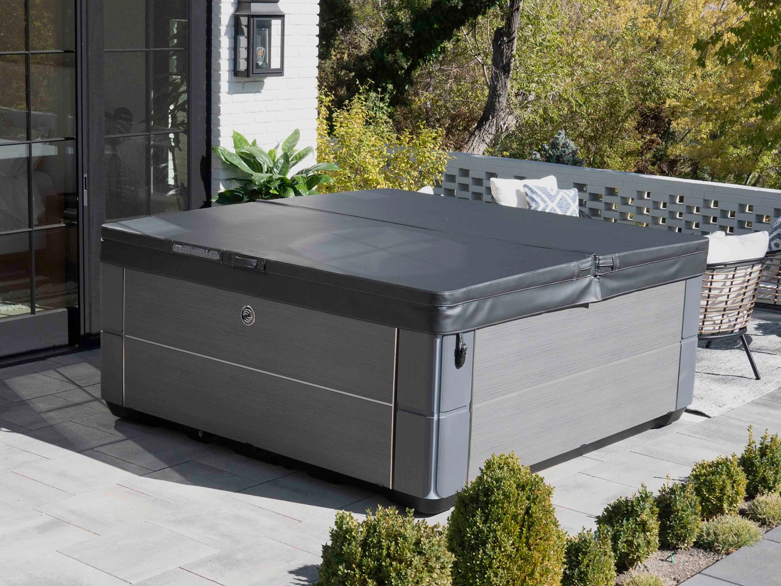 Modern grey hot tub covered